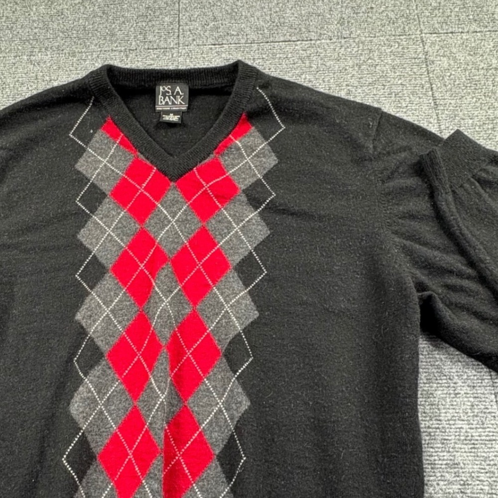 Jos. A. Bank Executive Collection Mens Argyle Lambswool V-Neck Sweater Black M
